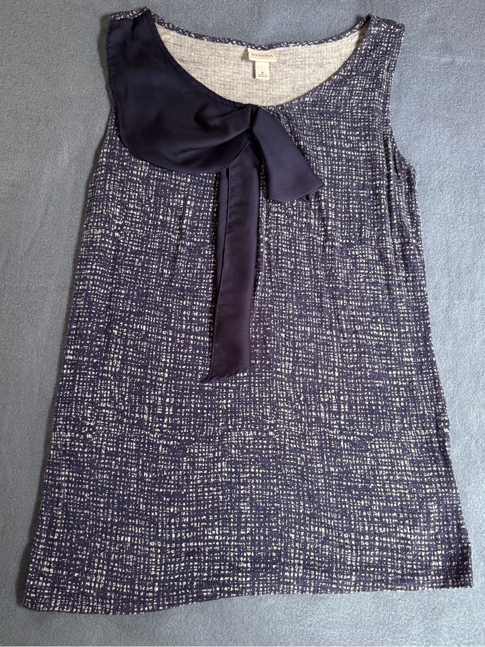 Navy Patterned Sleeveless Top with Faux Tie-Neck